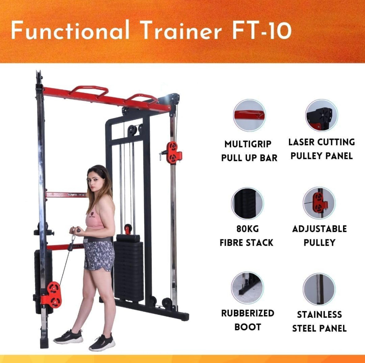 FT-10 Functional Trainer for Home & Semi-Commercial Gyms | Dual Adjustable Pulley System | Stainless Steel Panels | Imported Accessories | Strength & Functional Training Machine