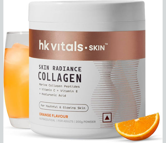 HK Vitals Skin Radiance Marine Collagen Supplement Powder | Collagen Peptides with Vitamins C & E | Supports Skin Glow & Elasticity | Orange Flavour