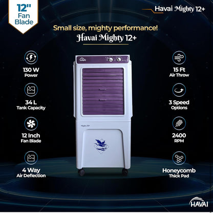 HAVAI Mighty 12+ Personal Air Cooler with 12-Inch Fan, 36-Litre Tank Capacity, 3-Side Honeycomb Pads, Auto Swing and 3 Speed Settings | High-Performance 2400 RPM Motor | Ideal for Rooms up to 200 sq. ft. | Vibrant Colour