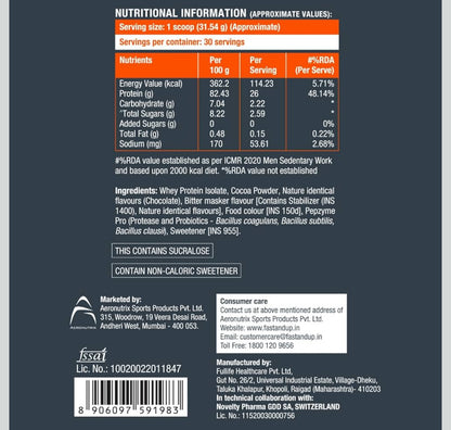Fast&Up 100% European Whey Protein Isolate | Fast-Acting, Ultra-Low Carbs | 26g High-Quality Protein per Serve | Low Lactose, Gluten-Free | Smooth Digestion | 30 Servings | Rich Chocolate / Creamy Chocolate