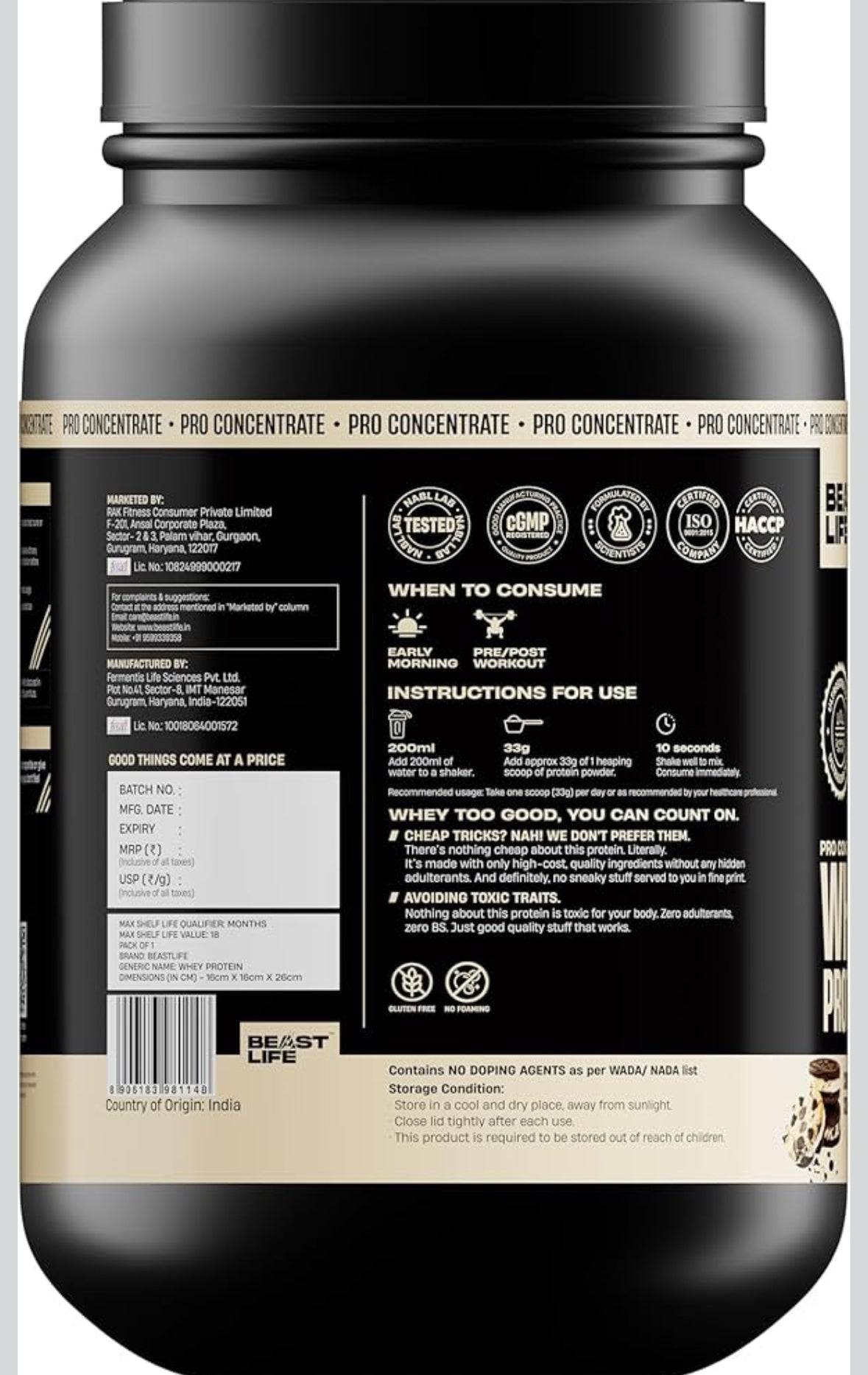 BeastLife Pro 100% Whey Protein Powder – Cookie & Cream (2 lbs) | 24g Protein & 5.3g BCAAs | Fast Absorption | Muscle Growth & Recovery | No Bloating | NABL Lab Certified