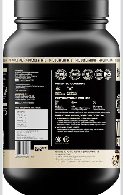 BeastLife Pro 100% Whey Protein Powder – Cookie & Cream (2 lbs) | 24g Protein & 5.3g BCAAs | Fast Absorption | Muscle Growth & Recovery | No Bloating | NABL Lab Certified
