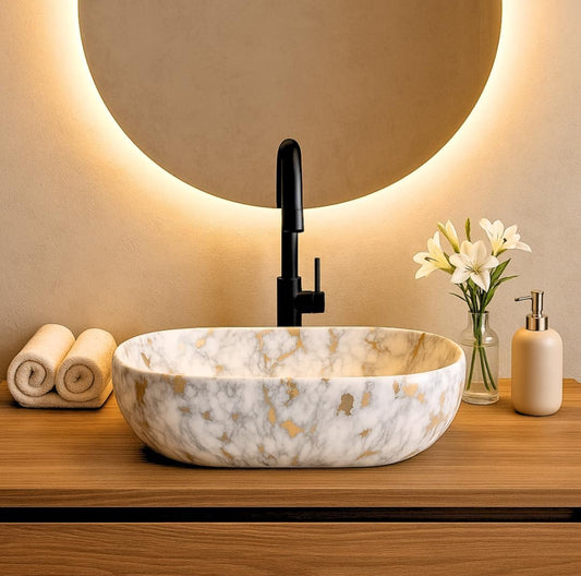 HISRE Table Top Wash Basin | Ceramic Countertop Bathroom Sink | Over-Counter Washbasin for Bathroom & Living Area | White with Grey & Golden Design | 45 × 33 × 13 cm