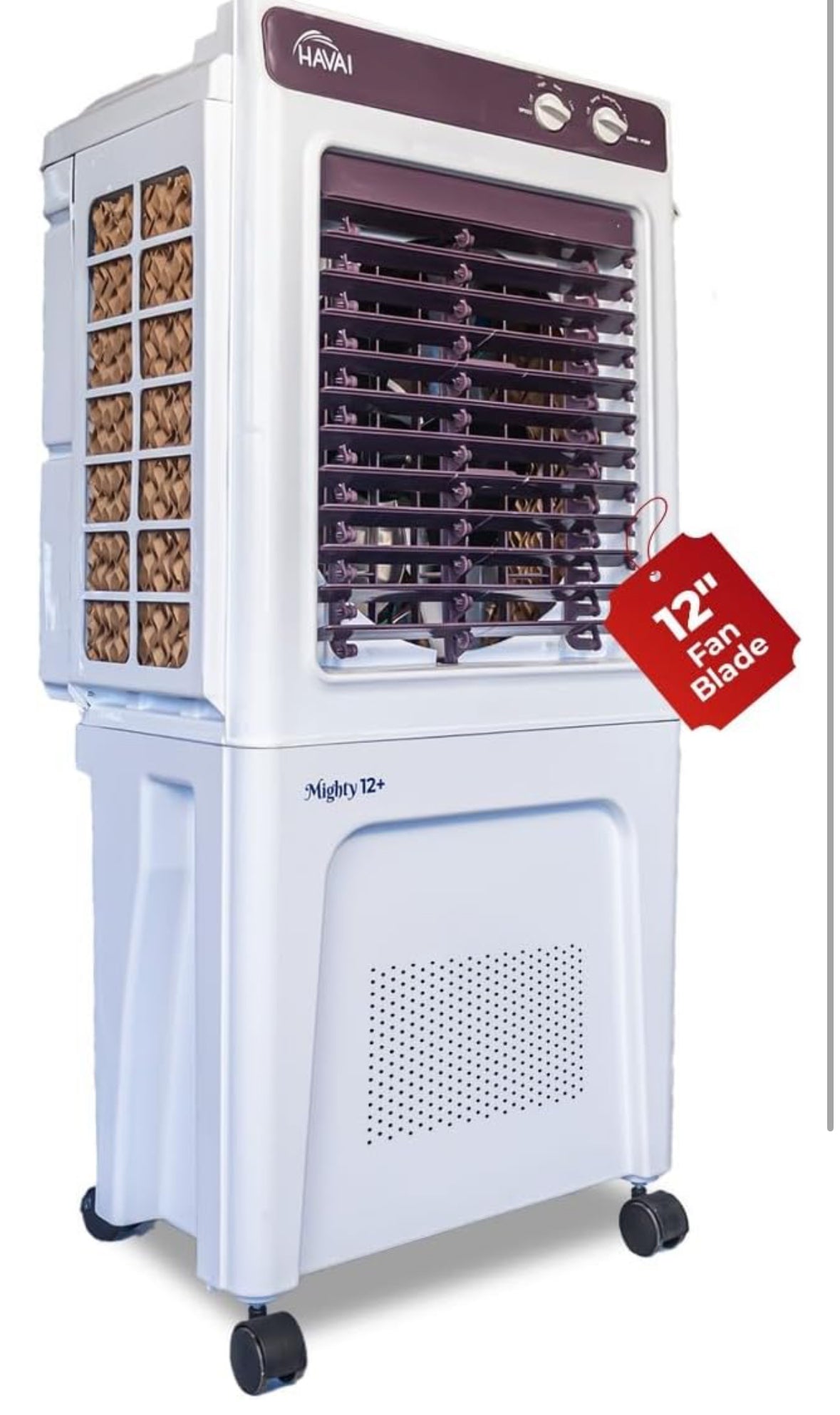 HAVAI Mighty 12+ Personal Air Cooler with 12-Inch Fan, 36-Litre Tank Capacity, 3-Side Honeycomb Pads, Auto Swing and 3 Speed Settings | High-Performance 2400 RPM Motor | Ideal for Rooms up to 200 sq. ft. | Vibrant Colour