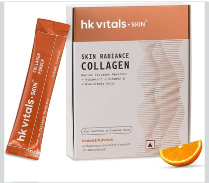 HK Vitals Skin Radiance Marine Collagen Supplement Powder | Collagen Peptides with Vitamins C & E | Supports Skin Glow & Elasticity | Orange Flavour