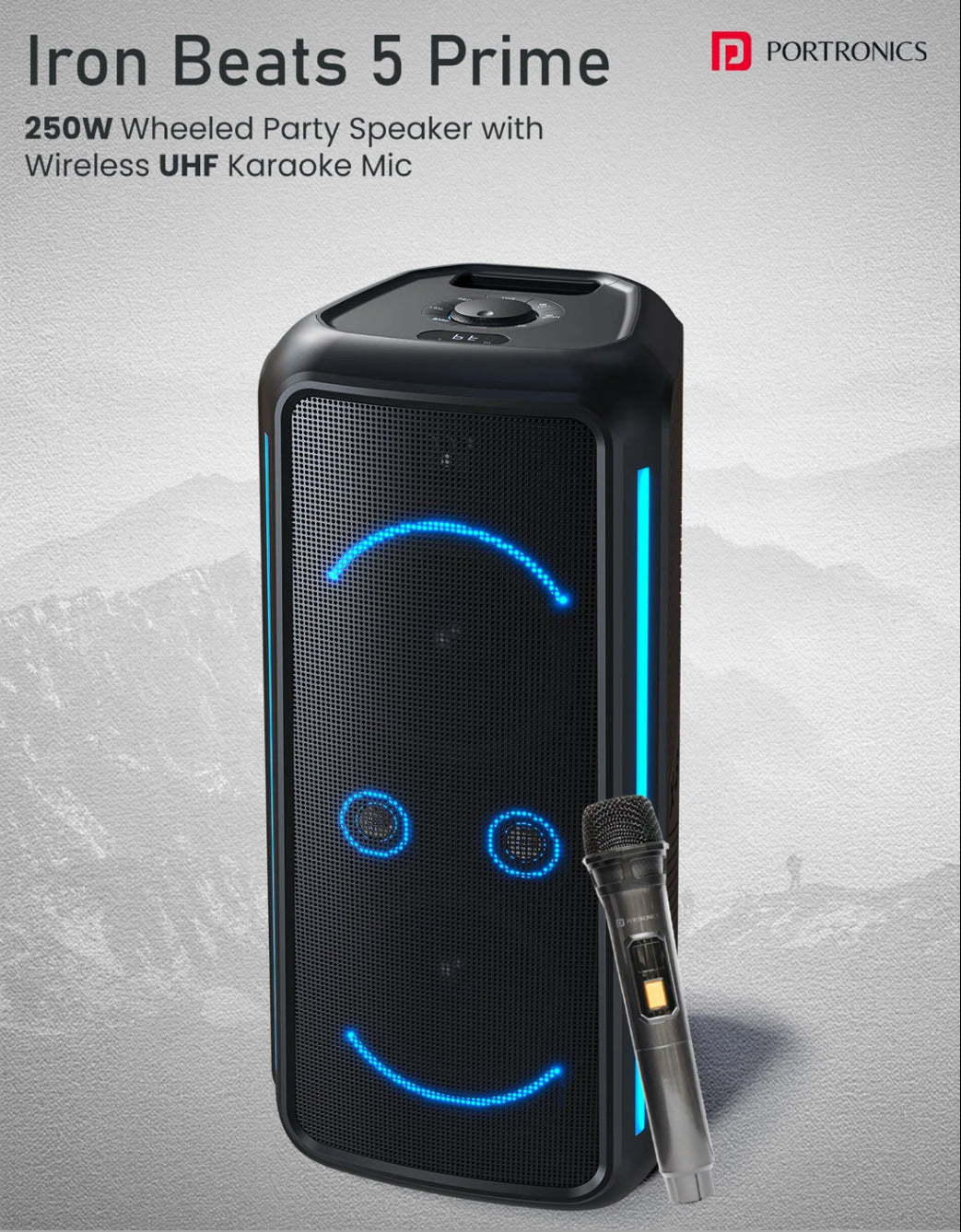 Portonics Iron Beats 5 Prime
Upto 6 Hours Playtime | Wireless Karaoke UHF Mic | Bass Boost Technology | Wheeled Party Speaker