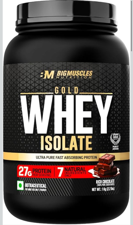 BigMuscles Gold Whey Isolate – Rich Chocolate (1 kg) | 27g Pure Whey Isolate Protein (90%) | 7 Natural Ingredients | Zero Added Sugar | Clean Label Project Purity Award (USA)