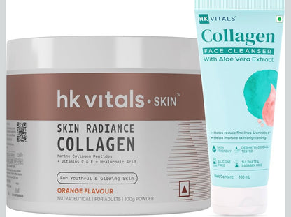 HK Vitals Skin Radiance Marine Collagen Supplement Powder | Collagen Peptides with Vitamins C & E | Supports Skin Glow & Elasticity | Orange Flavour