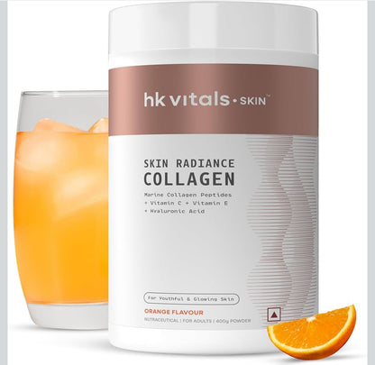 HK Vitals Skin Radiance Marine Collagen Supplement Powder | Collagen Peptides with Vitamins C & E | Supports Skin Glow & Elasticity | Orange Flavour