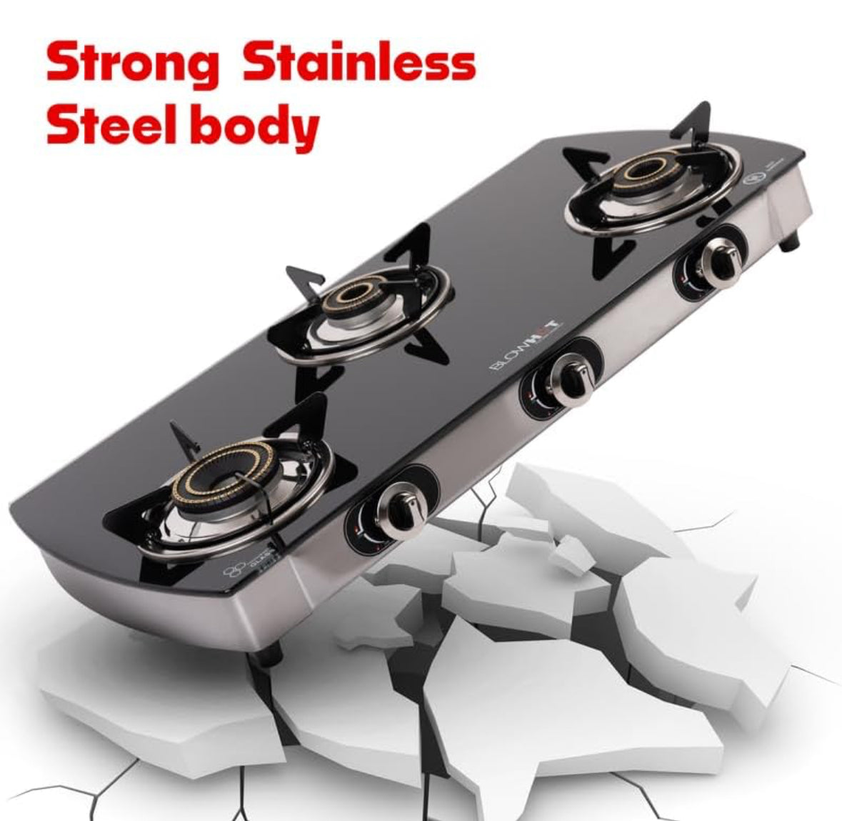 BLOWHOT Jasper 3 Burner Manual Ignition Gas Stove | Heavy Tornado Brass Burners | Toughened Glass Cooktop | ISI certified - Stainless Steel Frame - 2 Years Warranty By Blowhot - (Black)