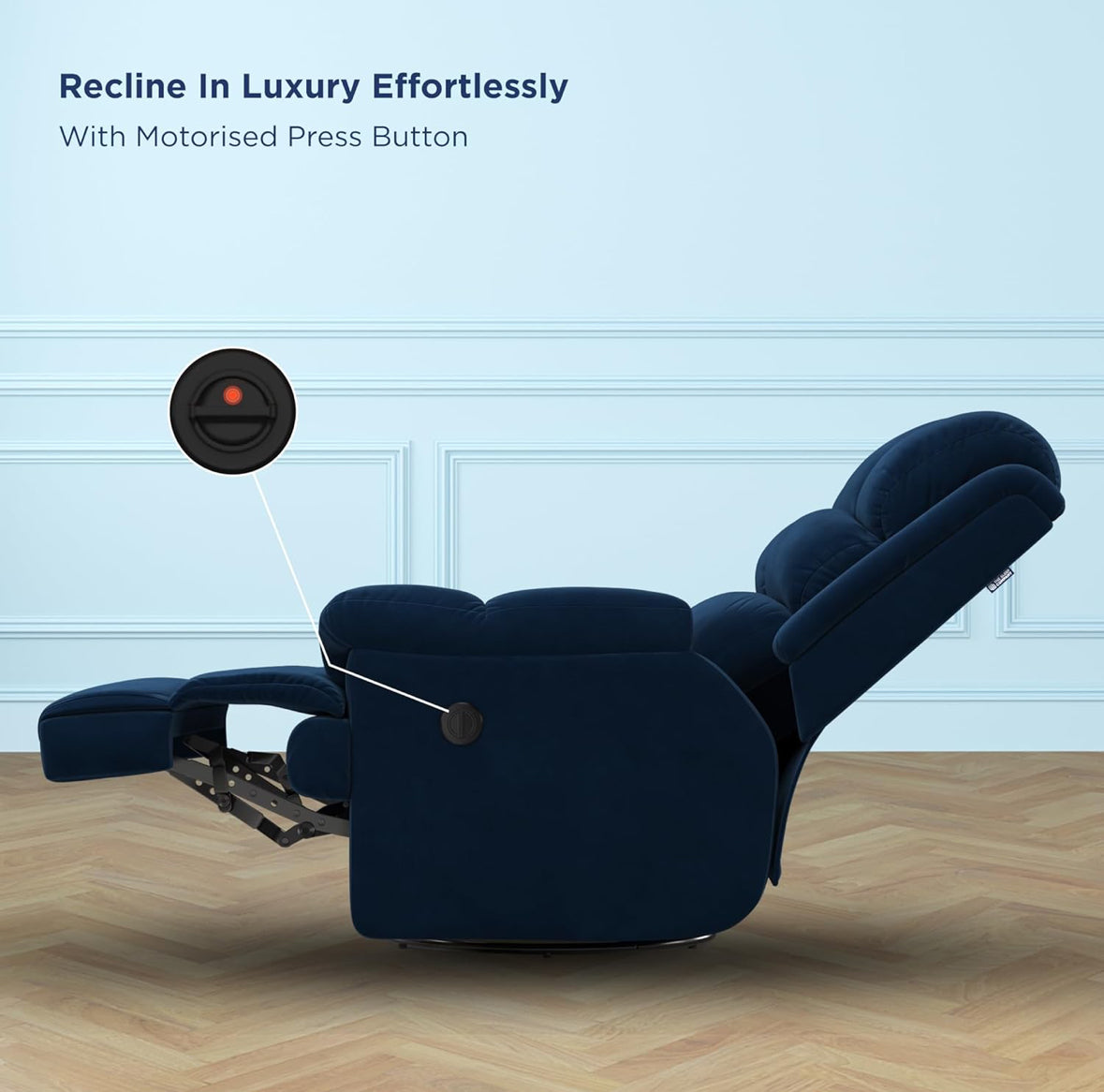 The Sleep Company Luxe Motorised 1-Seater Recliner Sofa with Recline, Rock and Revolve Functions, Powered by Patented SmartGRID® Technology and German-Engineered Mechanism | Superior Seating Comfort | Blue | Free Installation Included