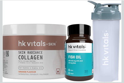 HK Vitals Skin Radiance Marine Collagen Supplement Powder | Collagen Peptides with Vitamins C & E | Supports Skin Glow & Elasticity | Orange Flavour
