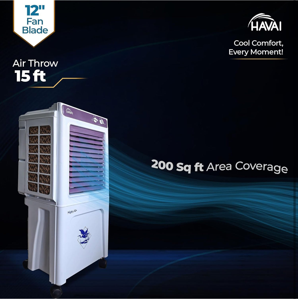 HAVAI Mighty 12+ Personal Air Cooler with 12-Inch Fan, 36-Litre Tank Capacity, 3-Side Honeycomb Pads, Auto Swing and 3 Speed Settings | High-Performance 2400 RPM Motor | Ideal for Rooms up to 200 sq. ft. | Vibrant Colour