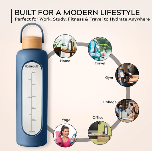 HomePuff Borosilicate Glass Water Bottle with Silicone Sleeve (1000 ml) | Airtight & Leak-Proof Bamboo Lid | BPA-Free, Eco-Friendly & Reusable | Ideal for Gym, Travel, Office & Home | Blue/Green