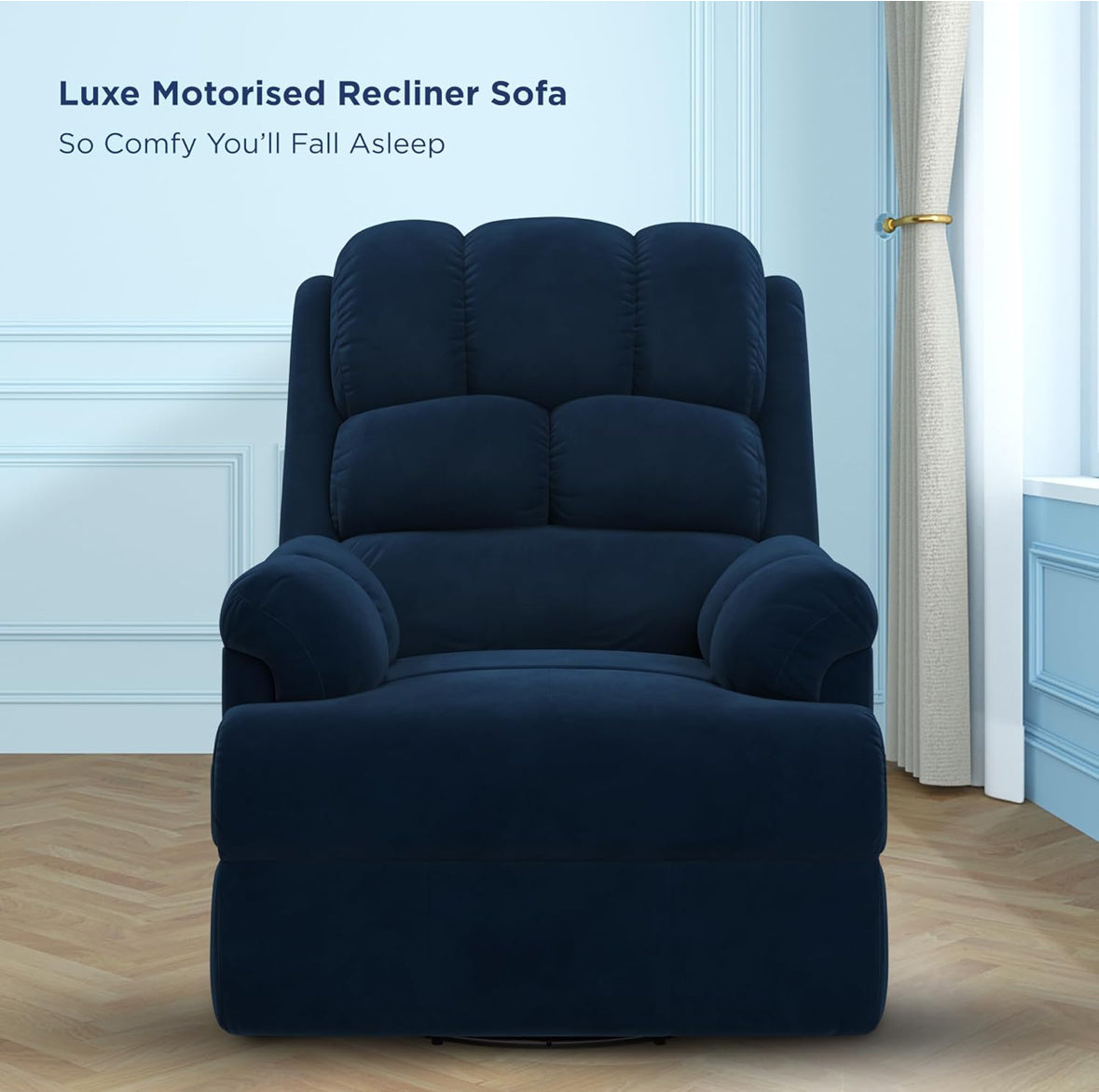 The Sleep Company Luxe Motorised 1-Seater Recliner Sofa with Recline, Rock and Revolve Functions, Powered by Patented SmartGRID® Technology and German-Engineered Mechanism | Superior Seating Comfort | Blue | Free Installation Included