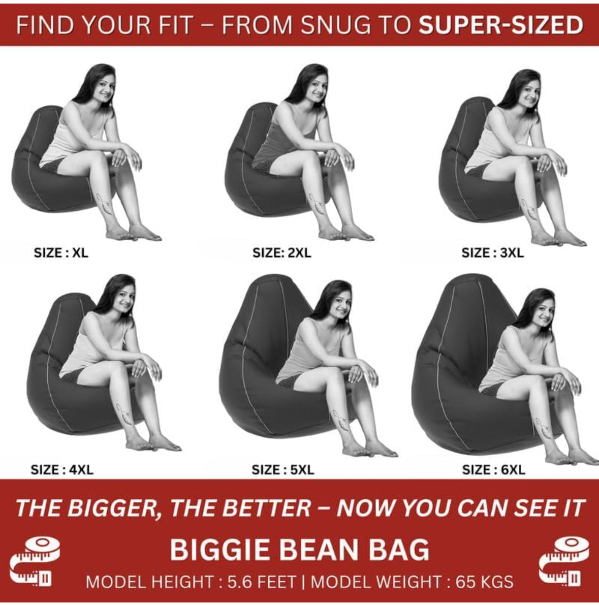 Biggie Bean Bag Chair (4XL) with Pre-Filled Beans, Includes Free Cushion and Footrest | Comfortable Bean Bag Sofa | Official Puffluxe Combo | Matching Colour: Black