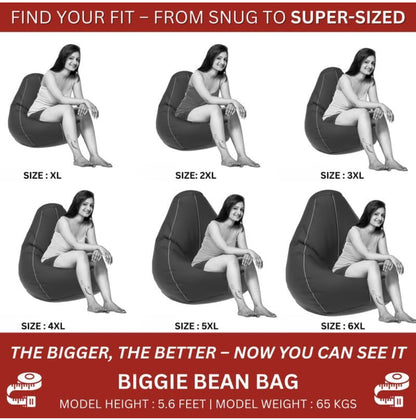 Biggie Bean Bag Chair (4XL) with Pre-Filled Beans, Includes Free Cushion and Footrest | Comfortable Bean Bag Sofa | Official Puffluxe Combo | Matching Colour: Black