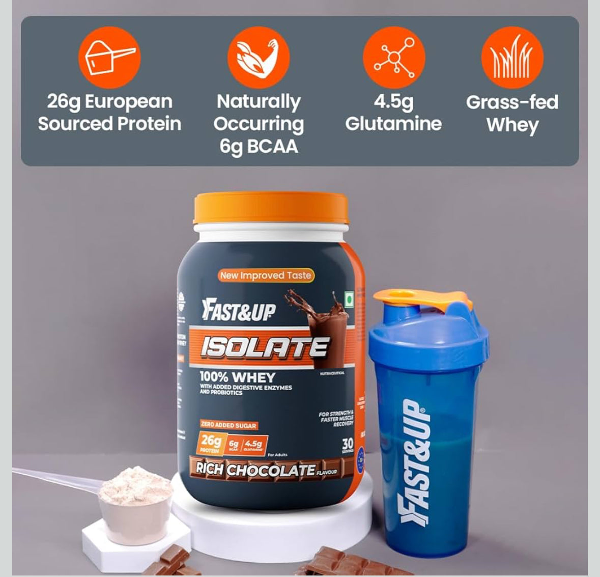 Fast&Up 100% European Whey Protein Isolate | Fast-Acting, Ultra-Low Carbs | 26g High-Quality Protein per Serve | Low Lactose, Gluten-Free | Smooth Digestion | 30 Servings | Rich Chocolate / Creamy Chocolate