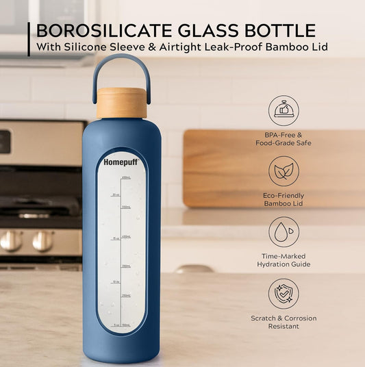 HomePuff Borosilicate Glass Water Bottle with Silicone Sleeve (1000 ml) | Airtight & Leak-Proof Bamboo Lid | BPA-Free, Eco-Friendly & Reusable | Ideal for Gym, Travel, Office & Home | Blue/Green