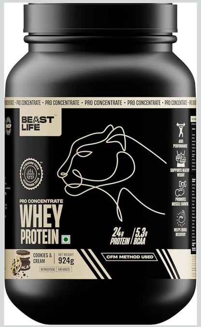 BeastLife Pro 100% Whey Protein Powder – Cookie & Cream (2 lbs) | 24g Protein & 5.3g BCAAs | Fast Absorption | Muscle Growth & Recovery | No Bloating | NABL Lab Certified