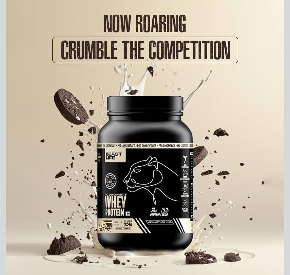 BeastLife Pro 100% Whey Protein Powder – Cookie & Cream (2 lbs) | 24g Protein & 5.3g BCAAs | Fast Absorption | Muscle Growth & Recovery | No Bloating | NABL Lab Certified