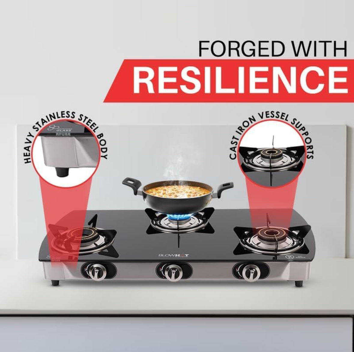 BLOWHOT Jasper 3 Burner Manual Ignition Gas Stove | Heavy Tornado Brass Burners | Toughened Glass Cooktop | ISI certified - Stainless Steel Frame - 2 Years Warranty By Blowhot - (Black)