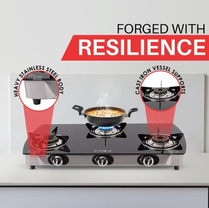 BLOWHOT Jasper 3 Burner Manual Ignition Gas Stove | Heavy Tornado Brass Burners | Toughened Glass Cooktop | ISI certified - Stainless Steel Frame - 2 Years Warranty By Blowhot - (Black)