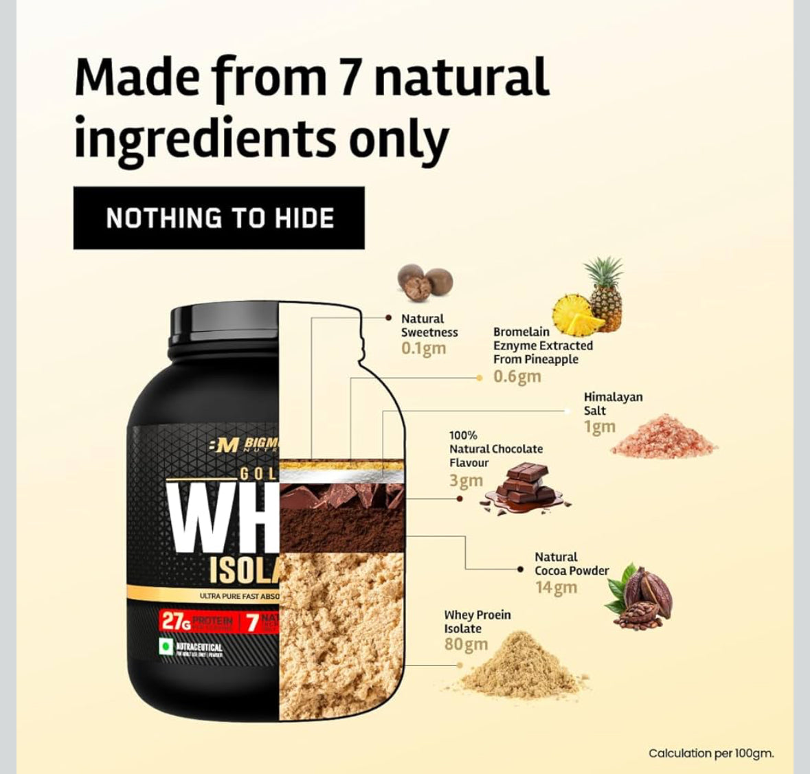 BigMuscles Gold Whey Isolate – Rich Chocolate (1 kg) | 27g Pure Whey Isolate Protein (90%) | 7 Natural Ingredients | Zero Added Sugar | Clean Label Project Purity Award (USA)