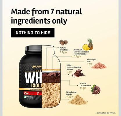 BigMuscles Gold Whey Isolate – Rich Chocolate (1 kg) | 27g Pure Whey Isolate Protein (90%) | 7 Natural Ingredients | Zero Added Sugar | Clean Label Project Purity Award (USA)