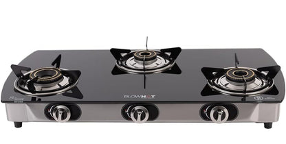 BLOWHOT Jasper 3 Burner Manual Ignition Gas Stove | Heavy Tornado Brass Burners | Toughened Glass Cooktop | ISI certified - Stainless Steel Frame - 2 Years Warranty By Blowhot - (Black)