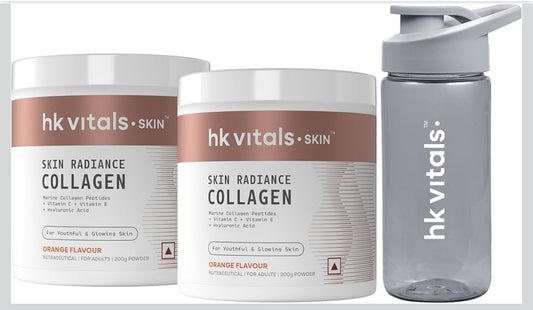HK Vitals Skin Radiance Marine Collagen Supplement Powder | Collagen Peptides with Vitamins C & E | Supports Skin Glow & Elasticity | Orange Flavour