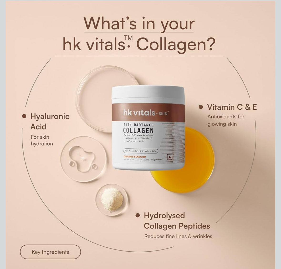 HK Vitals Skin Radiance Marine Collagen Supplement Powder | Collagen Peptides with Vitamins C & E | Supports Skin Glow & Elasticity | Orange Flavour