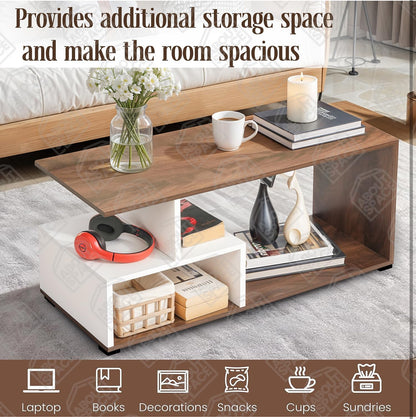 ABOUT SPACE Coffee Table for Living Room | Portable Wooden Centre Table with Storage & Open Shelf | DIY Easy-Assembly Furniture | Sofa Tea Table for Home & Office | White & Walnut (90 × 40 × 45 cm)