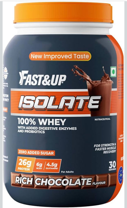 Fast&Up 100% European Whey Protein Isolate | Fast-Acting, Ultra-Low Carbs | 26g High-Quality Protein per Serve | Low Lactose, Gluten-Free | Smooth Digestion | 30 Servings | Rich Chocolate / Creamy Chocolate