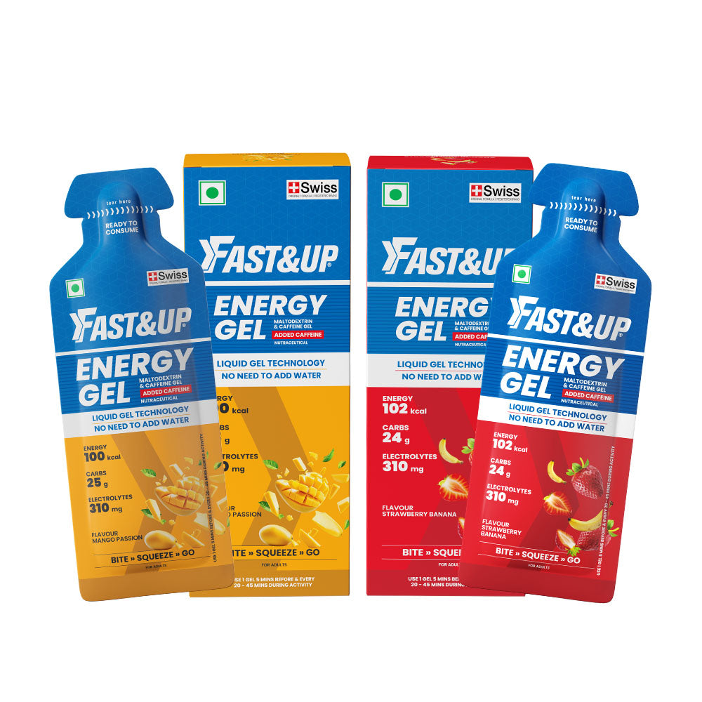 Fast&Up Energy Gel Strawberry Banana Caffeinated 39g Pack of 6 + Energy Gel Mango Passion Caffeinated 39g Pack of 6