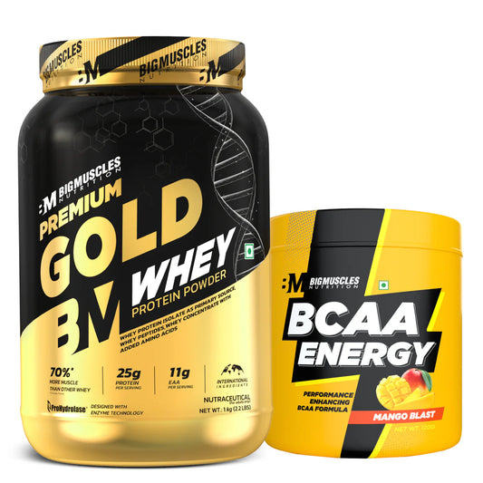Big Muscles Premium Gold Whey Protein (BELGIAN CHOCOLATE) (1kg) + BCAA ENERGY (MANGO) (20 Serving)