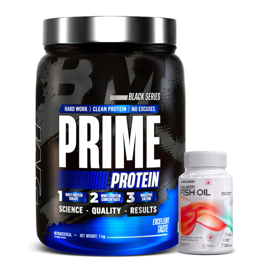 Big Muscles Prime Whey Protein 1Kg (Rich Chocolate) + Salmon Fish Oil (60 Capsules)
