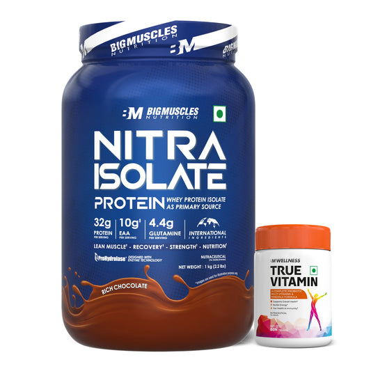 Big Muscles Nitra Isolate Whey Protein 1Kg (Rich Chocolate) + True Vitamin Multivitamin (60 Tablets)