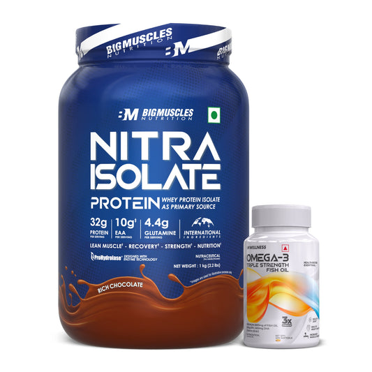 Big Muscles Nitra Isolate Whey Protein 1Kg (Rich Chocolate) + Omega 3 Triple Strength Fish Oil (60 Capsules)