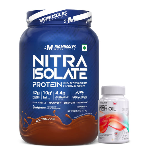 Big Muscles Nitra Isolate Whey Protein 1Kg (Rich Chocolate) + Salmon Fish Oil (60 Capsules)