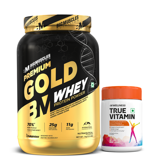 Big Muscles Premium Gold Whey Protein 1Kg (Belgian Chocolate) + True Vitamin Multivitamin (60Tablets)