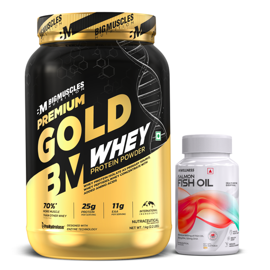 Big Muscles Premium Gold Whey Protein 1kg (Belgian Chocolate) + Salmon Fish Oil (60 Softgel)
