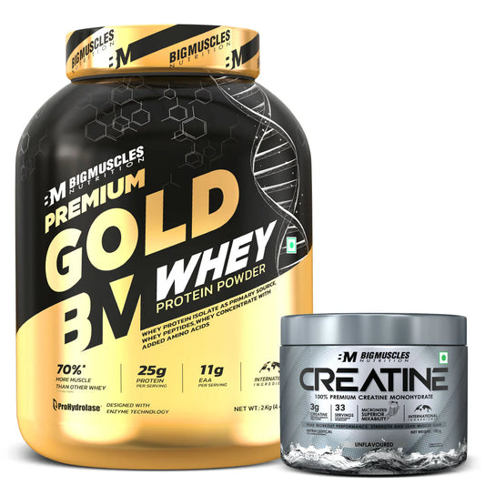 Big Muscles Premium Gold Whey Protein 2kg (Belgian Chocolate)+ Creatine 102g (Unflavoured)