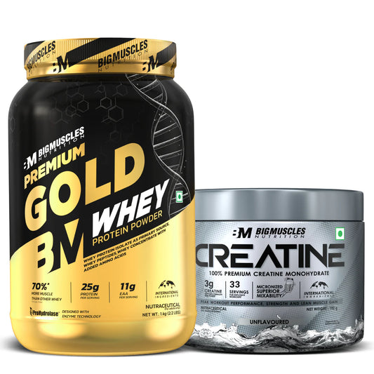 Big Muscles Premium Gold Whey Protein 1kg ( Belgian Chocolate ) + Creatine 102g ( Unflavoured )