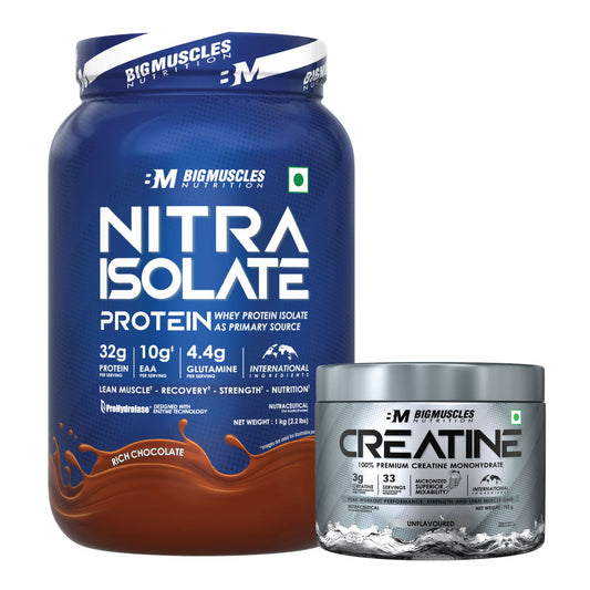 Big Muscles Nitra Isolate Whey Protein (Rich Chocolate) 1Kg + Creatine Monohydrate (Unflavoured) 102g