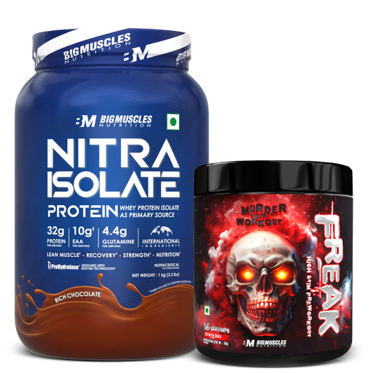 Big Muscles Nitra Isolate Whey Protein (Rich Chocolate) 1Kg + Freak Pre-workout (SOB) 15 Serving.