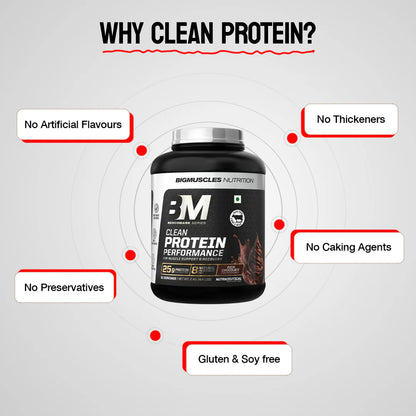 Big Muscles Clean Protein | Performance Whey | Free Premium Shaker - Rich Chocolate- 1kg