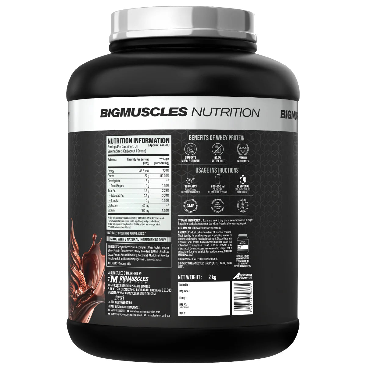 Big Muscles-Clean Protein | Performance Whey | Free Premium Shaker-Rich Chocolate-2kg