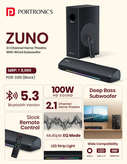 Portonics                                      Zuno- Deep Bass| Bluetooth Version 5.3 | Multiple EQ Mode | Sleek Remote Control
