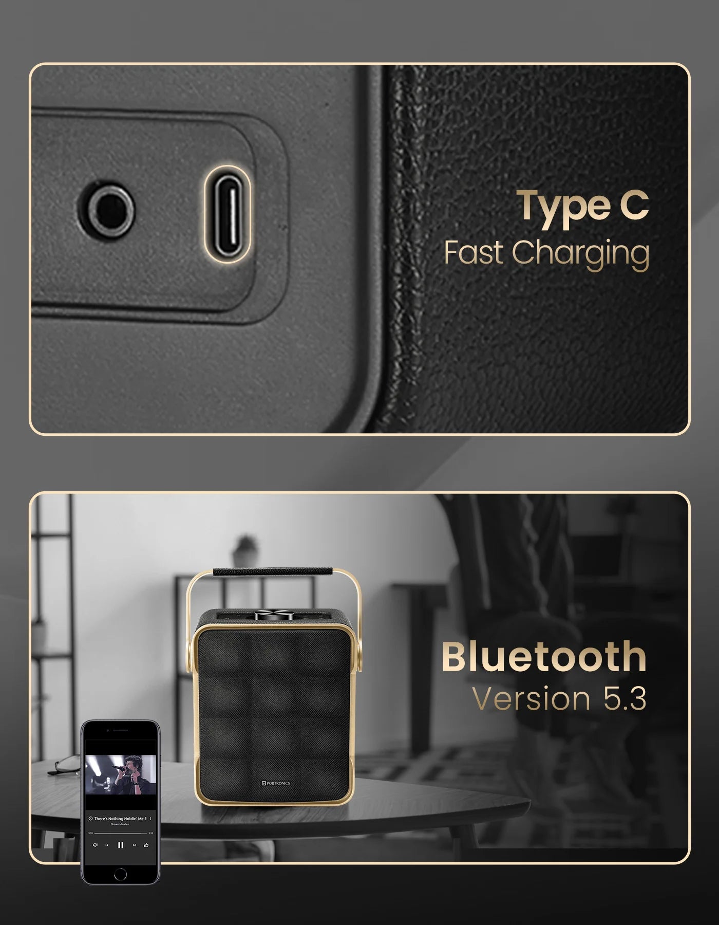 Portonics Harmony II
60W HD Sound | Bass Boost Technology | Up to 6 Hours Playback | Type C Charging | Gold